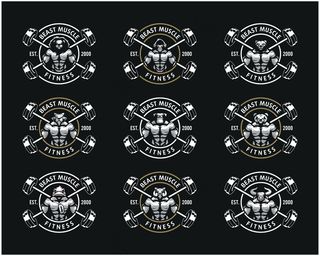 一套带有强壮身体、健身俱乐部或健身房标志的动物头