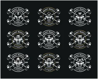 一套带有强壮身体、健身俱乐部或健身房标志的动物头