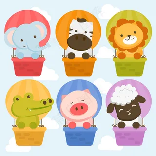 气球里有大象、斑马、狮子、鳄鱼、猪和羊的动物角色。