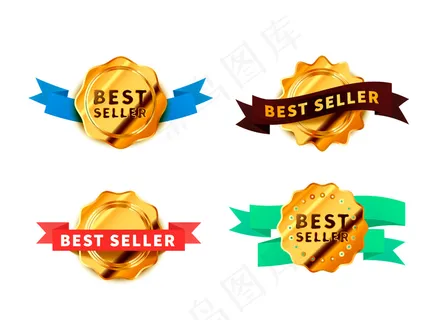 一套不同的明亮的金色徽章与磁带，光泽畅销书图标隔离在白色