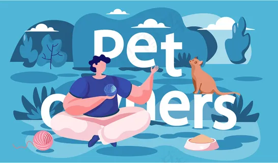 那家伙手里拿着线团坐着。猫的主人在街上休息。动物看着人。和宠物一起出游的乐趣。男主角正在和小猫玩耍