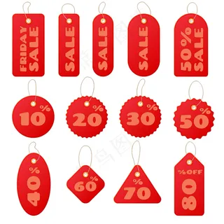 一套红色的圆形和方形销售价格标签和标签