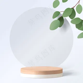 具有几何形式的抽象极小场景。白色背景带树叶的圆柱形木质讲台。产品演示文稿.讲台舞台基座或平台。三维 具有几何形式的抽象极小场景。白色背景带树叶的圆柱形木质讲台。产品演示文稿.讲台舞台基座或平台。三维