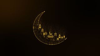 动画抽象背景的金色闪闪发光粒子创建一个新月清真寺阿拉伯语，斋月卡里姆。