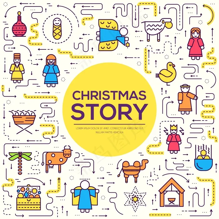 圣诞快乐细线图标设置背景。基督诞生概论插图背景eps,ai矢量模版下载