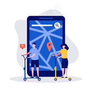 环保和共享的移动车辆概念与字符，电动滑板车或电动滑板车和大智能手机。