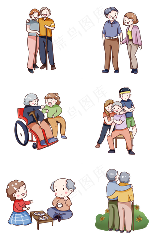 手绘卡通重阳节回家看望老人套图