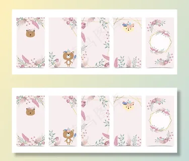 可爱的社交背景媒体.set有熊，波西米亚，花，羽毛的模板故事