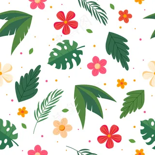 有叶子和花的夏天图案。平面式矢量插图