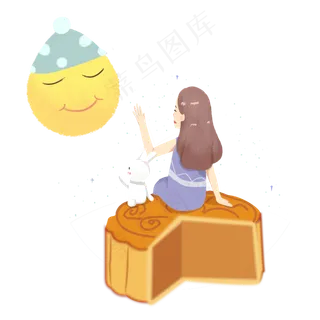 中秋节女孩兔子坐月饼赏月素材