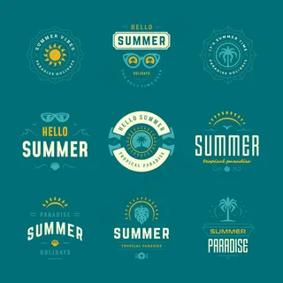 暑假标签和徽章复古排版设计集。