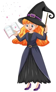 年轻美丽的女巫手持魔杖和书的卡通风格孤立在白色上