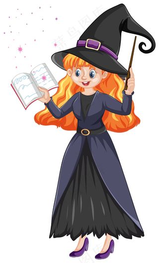 年轻美丽的女巫手持魔杖和书的卡通风格孤立在白色上