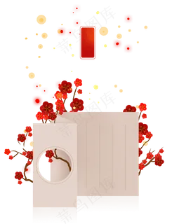 新年红色梅花和中式贺卡