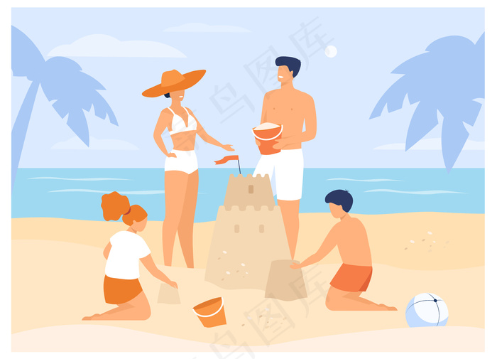 夏季家庭活动。孩子们，爸爸妈妈在沙滩上做沙堡。适合热带度假、度假、旅游