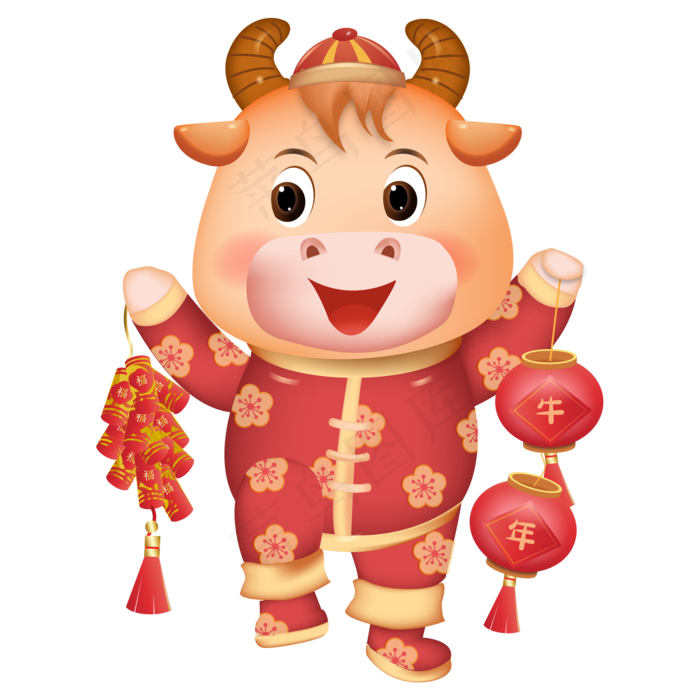 2021牛年手拿鞭炮灯笼卡通牛
