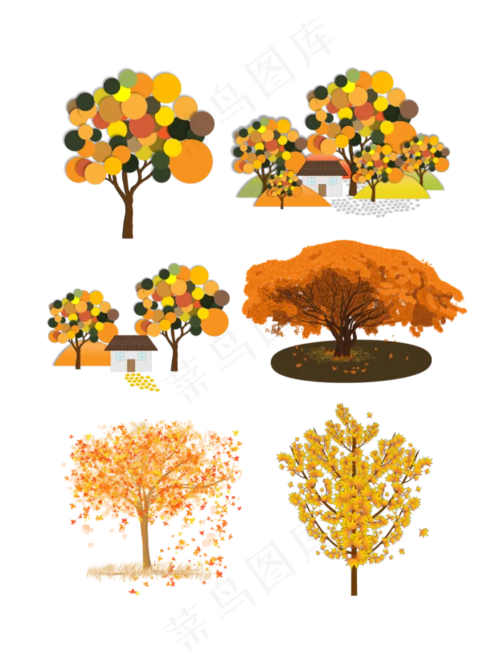 秋天金色树木落叶植物矢量素材合(3072X4107(DPI:300))psd模版下载
