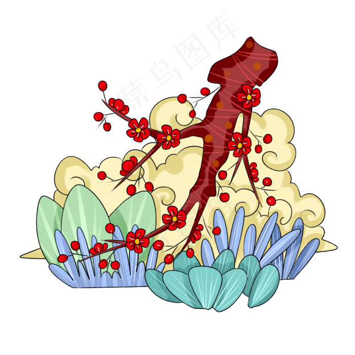 农历新年新中式风格装饰梅花手绘(3000X3000(DPI:299))psd模版下载