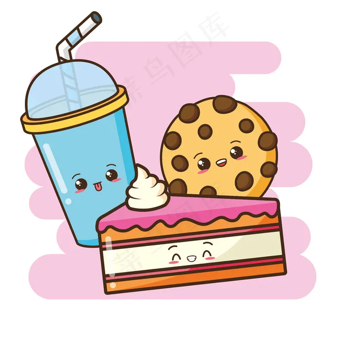 Kawaii快餐可爱的蛋糕饼干和饮料插图eps,ai矢量模版下载