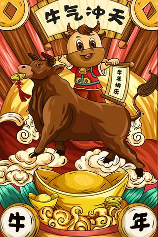 牛年插画 牛年海报 新春海报