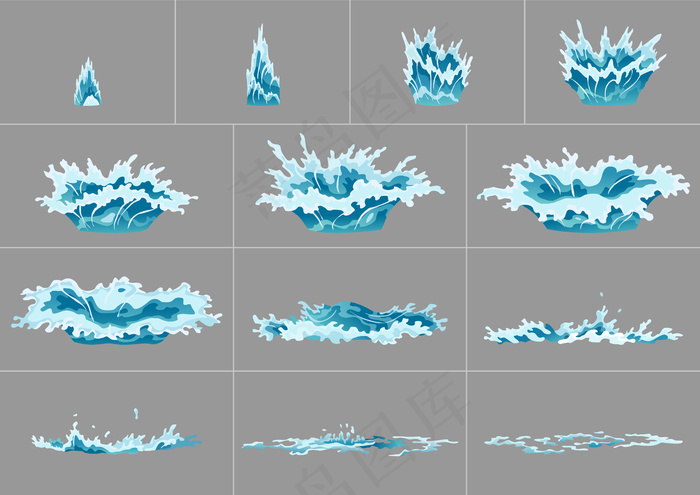 元素水飞溅动画。游戏动画。滴水特效fx动画帧精灵表。