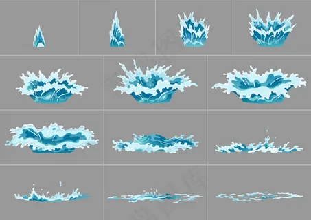 元素水飞溅动画。游戏动画。滴水特效fx动画帧精灵表。
