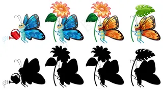 一组蝴蝶卡通及其剪影