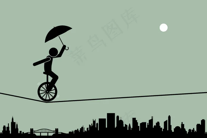 骑独轮车的人，拿着雨伞，穿过一条以城市景观为背景的钢丝绳，保持平衡。eps,ai矢量模版下载