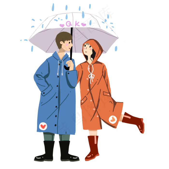 手绘卡通扁平情侣颜色雨季雨衣打