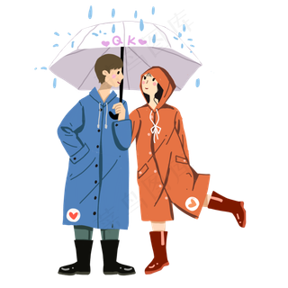 手绘卡通扁平情侣颜色雨季雨衣打