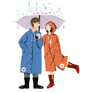 手绘卡通扁平情侣颜色雨季雨衣打