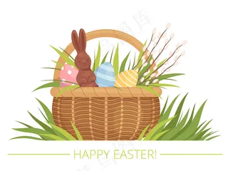 复活节篮子里有彩蛋、柳树和巧克力兔子。卡通公寓。隔离在白色背景上。