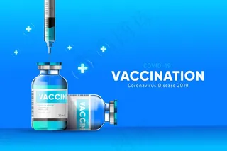 带有疫苗瓶和注射器的冠状病毒背景