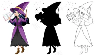 巫婆在颜色和轮廓和剪影卡通人物孤立在白色背景