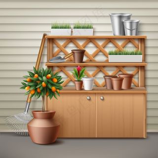 用于园艺工具的带橱柜和架子的位置示意图