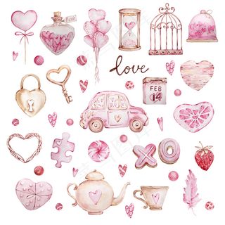 水彩手绘大套甜蜜的心，车，羽毛，锁，钥匙隔离在白色背景上