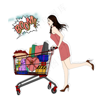 波普风推着购物车的女人可商用元