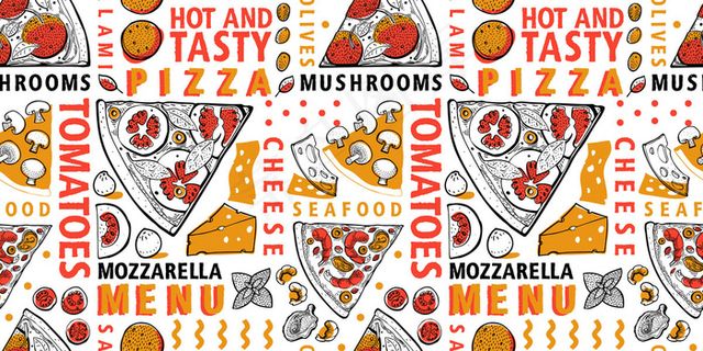 印刷意大利披萨和配料无缝图案。意大利食品模板。 印刷意大利披萨和配料无缝图案。意大利食品模板。