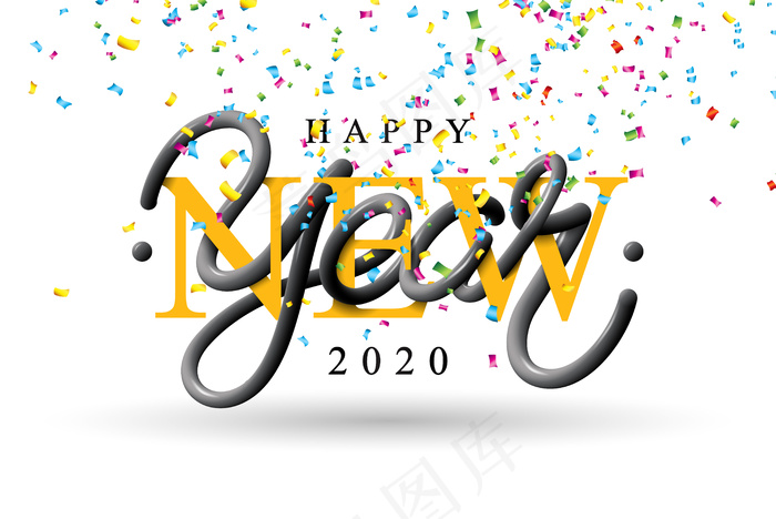 2020年新年快乐插画，白色背景上有3d印刷字体和掉落的五彩纸屑eps,ai矢量模版下载