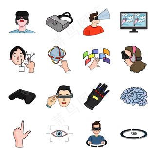 虚拟现实卡通设置图标。插图虚拟现实游戏。孤立卡通设置图标现实虚拟技术。