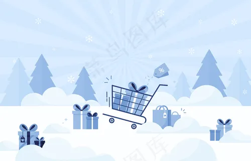 圣诞节、新年和假期的一堆礼物放在冬季背景的购物车里，用于商务、销售和在线商务。蓝色