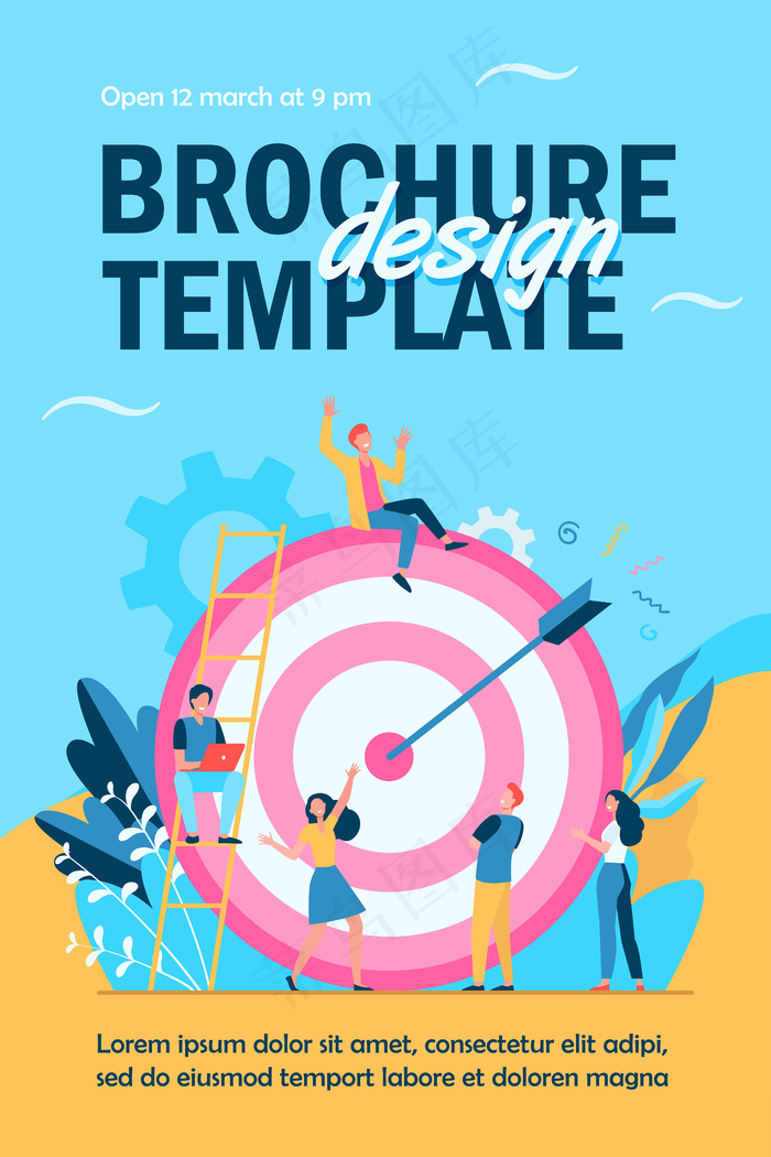 积极的微小的人坐在附近，走在巨大的目标与箭头隔离宣传单,DM传单模板