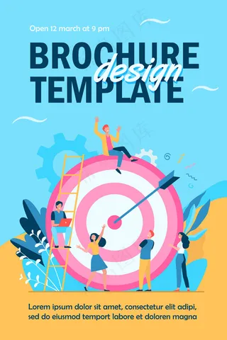 积极的微小的人坐在附近，走在巨大的目标与箭头隔离宣传单,DM传单模板