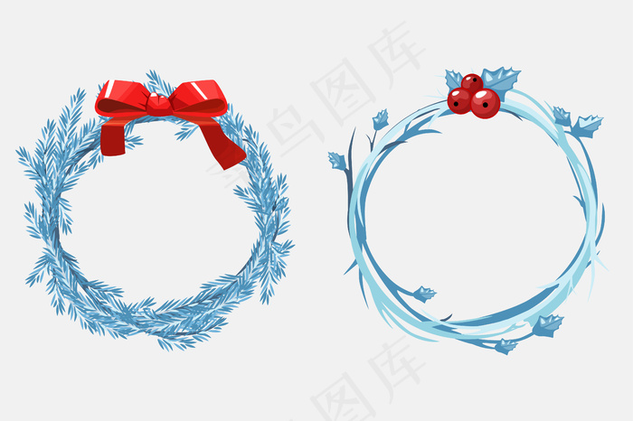 圣诞松枝花环，用红丝带和浆果装饰。卡通插图。单独图层上的对象。