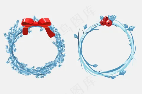 圣诞松枝花环，用红丝带和浆果装饰。卡通插图。单独图层上的对象。