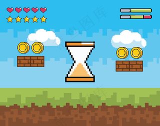 像素沙漏光标与硬币和生命的心酒吧