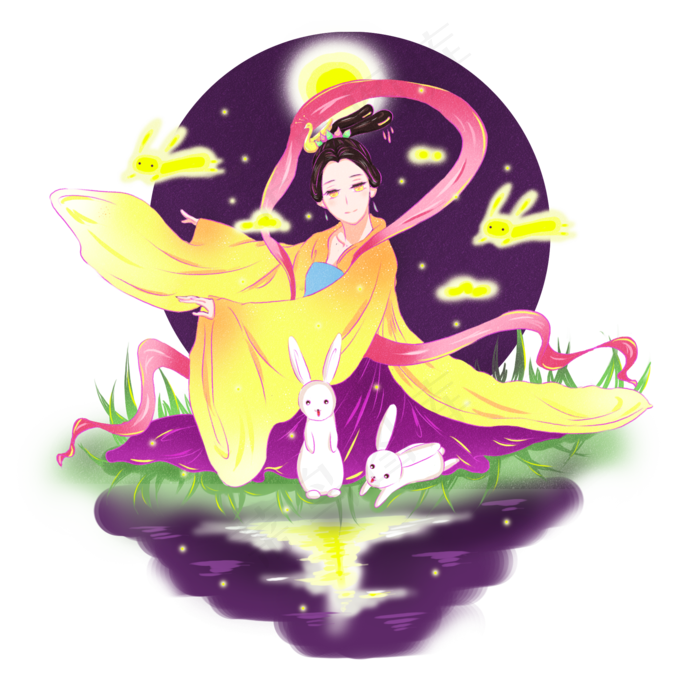 中秋节古典嫦娥和玉兔赏月可商用