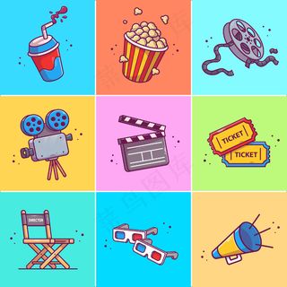 一组电影图标插图。电影图标集合概念隔离