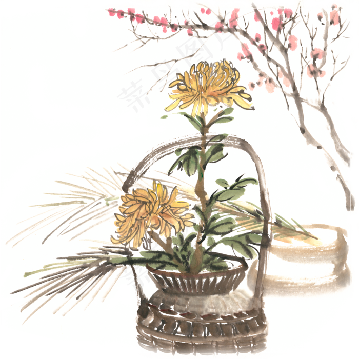 菊松梅组合水墨画PNG免抠素材(4724X4724(DPI:300))psd模版下载