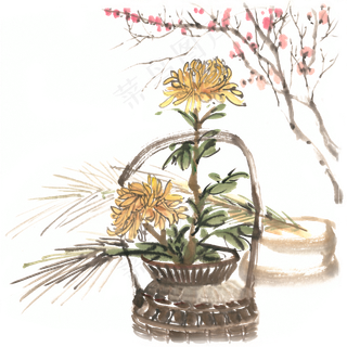 菊松梅组合水墨画PNG免抠素材